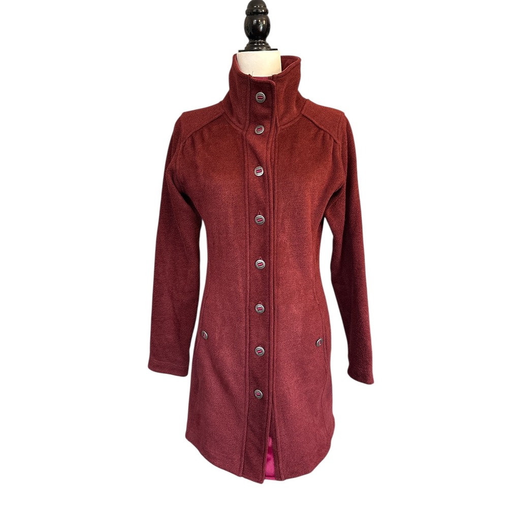 KUHL Women's Burgundy Altpaca Fleece Mock Neck Button Front Long Sleeve Coat‎ S